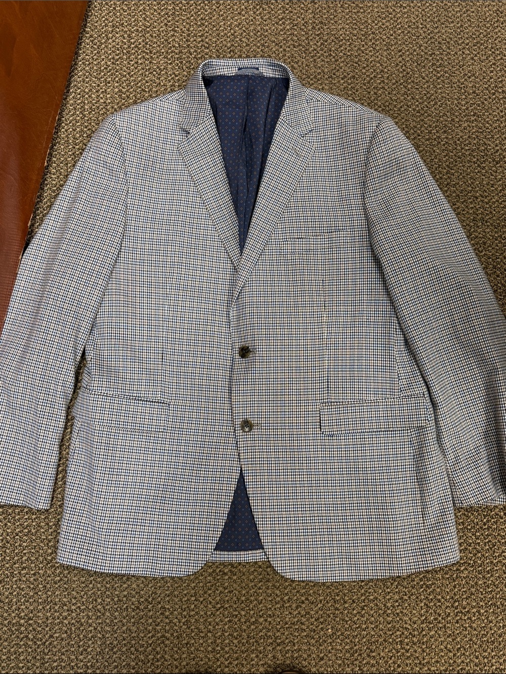 Crown & Ivy Men's Plaid Houndstooth Check Sport Coat Blazer 44R Blue Brown